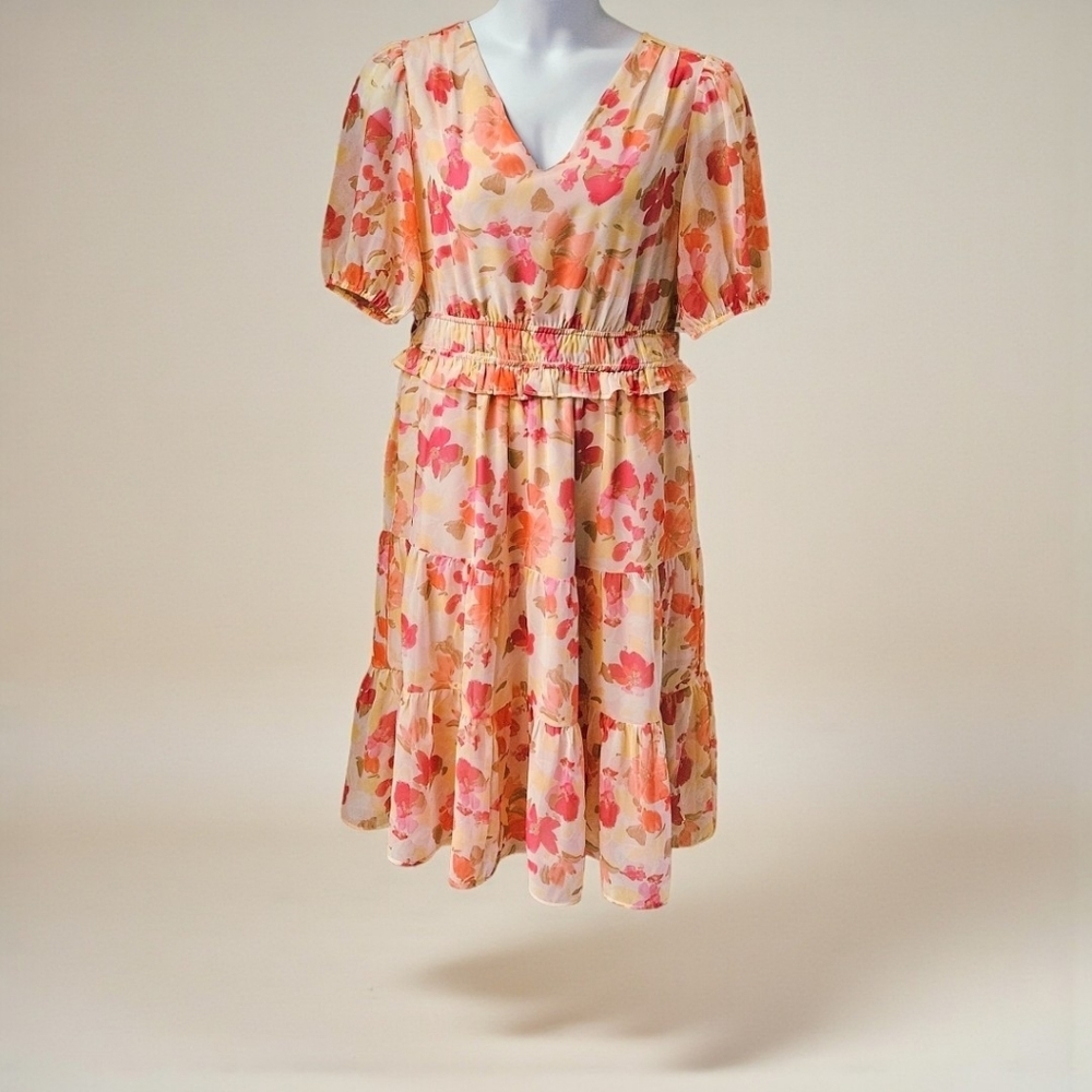 Jessica Howard 14 Plus size  floral chiffon midi dress pockets puff sleeve sheer